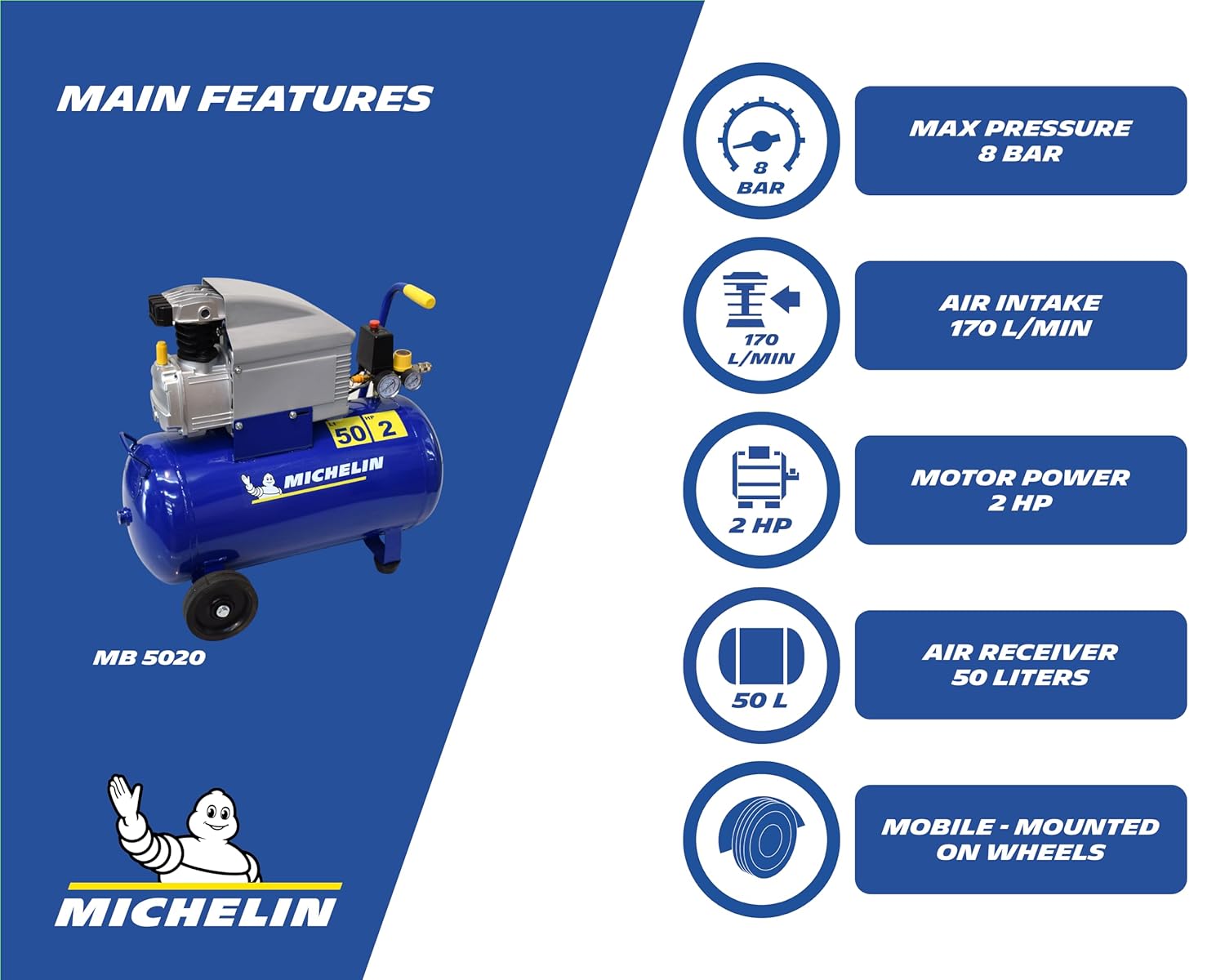 Olejový, mobilní, vzduchový kompresor, 8 barů, 50 l, 1,9 kW, 170l./min., 230 V, MICHELIN MB 5020